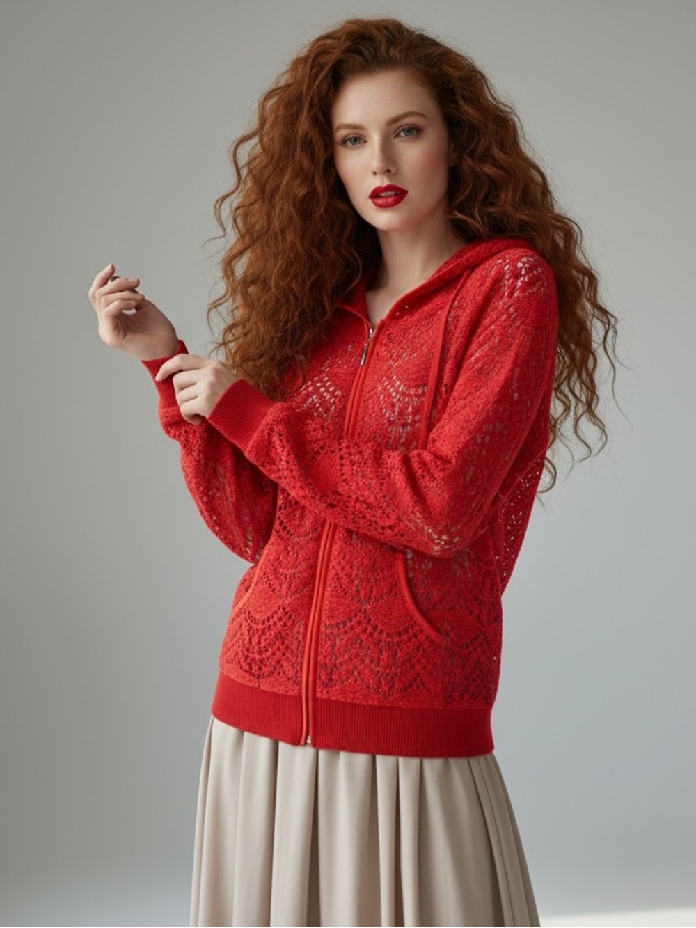 Katie Todd Red Lace Crochet Full-Zip Hoodie Cardigan - Size L